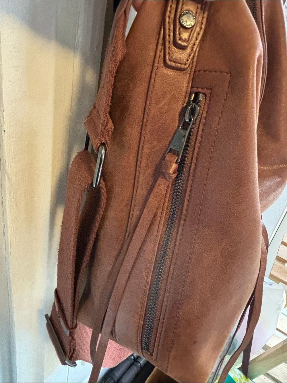 Botkier Brown Leather Zip-Top hobo bag with Crossbody Strap & Patterned Interior